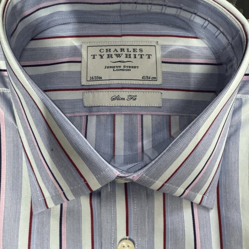 Charles Tyrwhitt Men's Dress Shirt, Size 16-33in 41/84cms, Blue Stripe, Slim fit